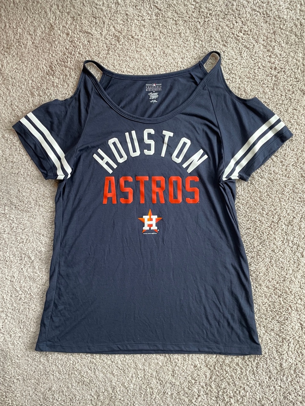Houston Astros Cold Shoulder Navy Blue White Orange Short Sleeve Tee Size Large